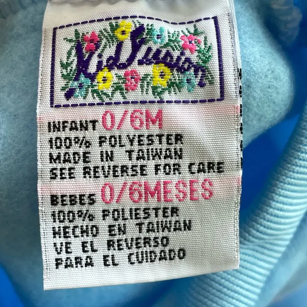 Vintage Kid Fusion Baby 2 Piece Outfit 0-6M Blue Fleece Lined Satin Embroidered